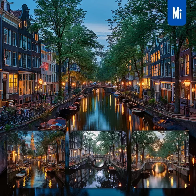 midjourney prompt canal boat tree townhouse water bridge street evening city landscape photography