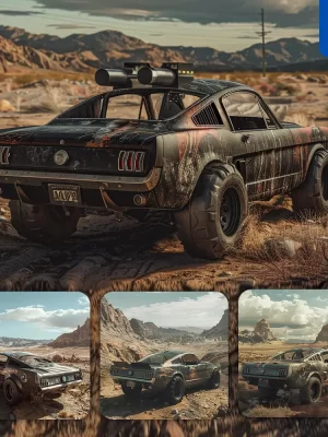 Midjourney Prompt Car Mustang Armour Landscape Desert Post Apocalyptic World Mountain Game Scene