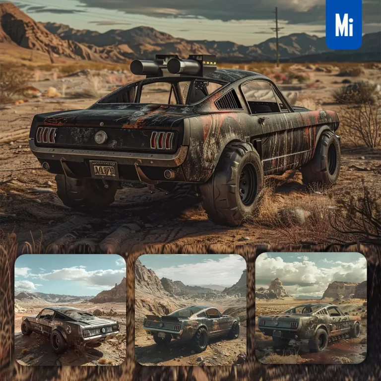 midjourney prompt car mustang armour landscape desert post-apocalyptic world mountain game scene