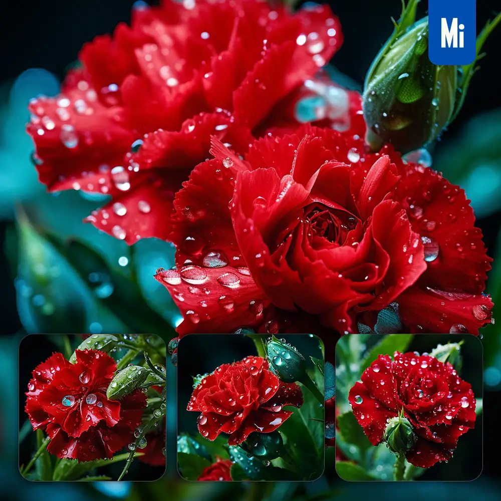 Midjourney Prompt Carnation Flower Branch Leaves Leaf Dewdrop Drop Photography