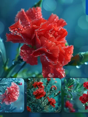 Midjourney Prompt Carnation Red Flower Branch Leaves Leaf Dewdrop Drop