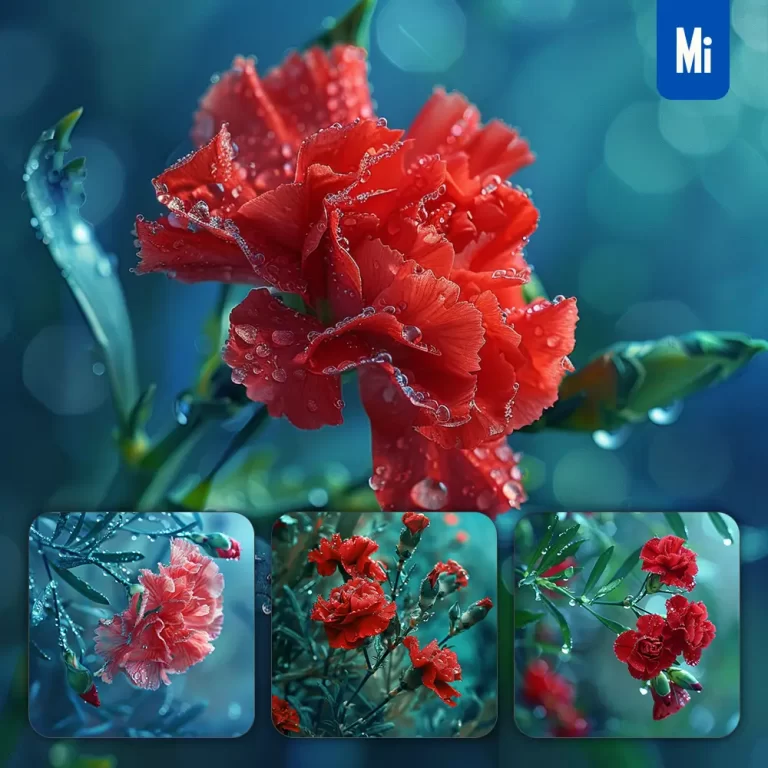 midjourney prompt carnation red flower branch leaves leaf dewdrop drop