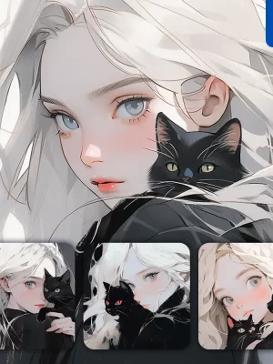 Midjourney Prompt Cat Black Beautiful Woman Girl Lady Face Portrait Animation Cartoon Painting