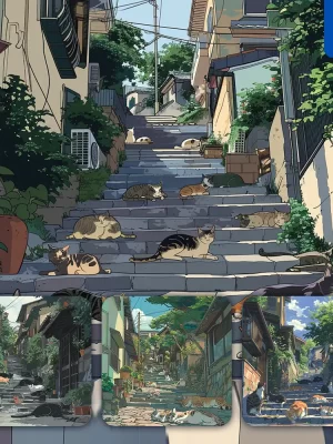 Midjourney Prompt Cat Feline Step Street House Tree Anime Animation Cartoon Illustration