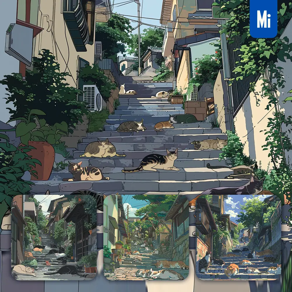 Midjourney Prompt Cat Feline Step Street House Tree Anime Animation Cartoon Illustration