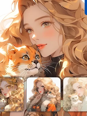 Midjourney Prompt Cat Golden Beautiful Woman Girl Lady Face Portrait Animation Cartoon Painting