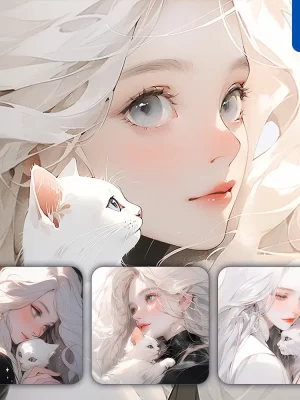 Midjourney Prompt Cat White Beautiful Woman Girl Lady Face Portrait Animation Cartoon Painting
