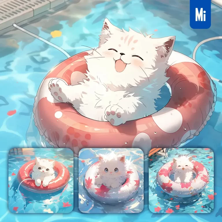 midjourney prompt cat white swimming circle animation smile water pool cute swim