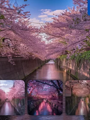 Midjourney Prompt Cherry Blossom Bank River Pink Sakura Flower Landscape Photography