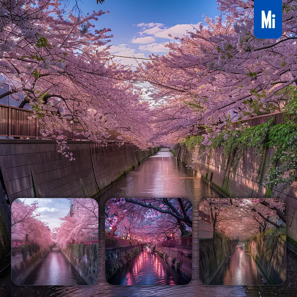 Midjourney Prompt Cherry Blossom Bank River Pink Sakura Flower Landscape Photography
