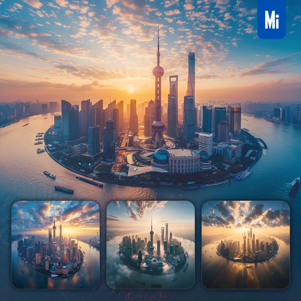 Midjourney Prompt City Shanghai Morning Sunrise Sunset Skyline Cityscape River Building Skyscraper Landscape Photography