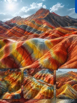 Midjourney Prompt Colorful Danxia Landform Rock Red Yellow Orange Hill Mountain Landscape Photography