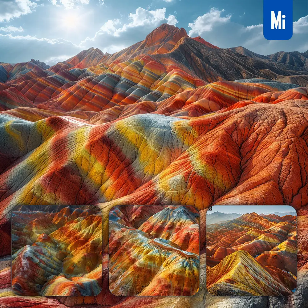 Midjourney Prompt Colorful Danxia Landform Rock Red Yellow Orange Hill Mountain Landscape Photography