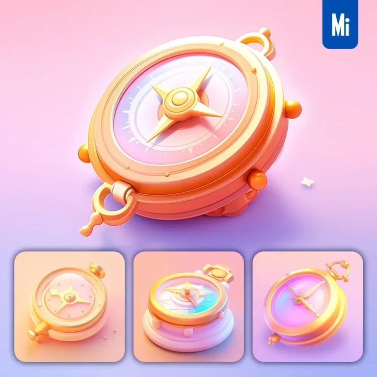 midjourney prompt compass 3D icon game cartoon cute lovely golden