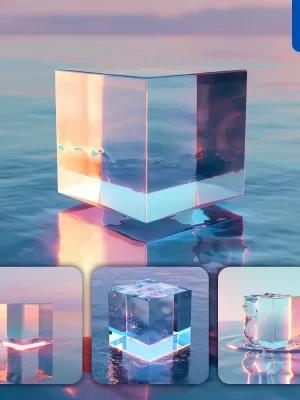 Midjourney Prompt Cube Water Lake Transparent 3d Sunlight Geometric Glass