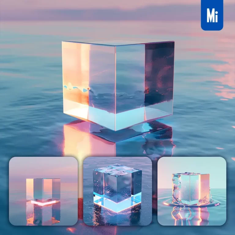 midjourney prompt cube water lake transparent 3D sunlight geometric glass