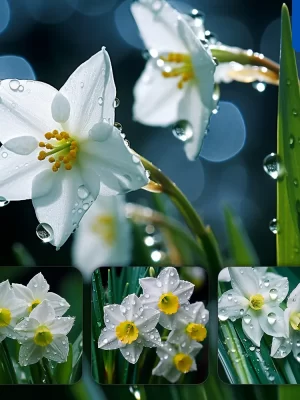 Midjourney Prompt Daffodil Flower Branch Leaves Leaf Dewdrop Drop Photography