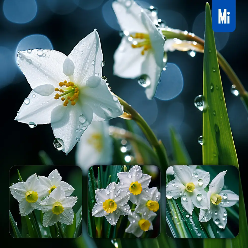 Midjourney Prompt Daffodil Flower Branch Leaves Leaf Dewdrop Drop Photography