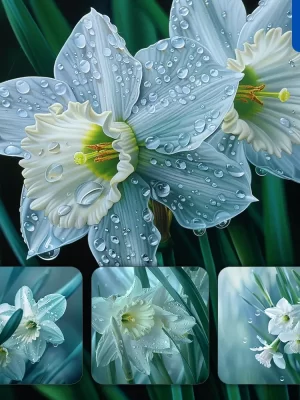 Midjourney Prompt Daffodil White Flower Branch Leaves Leaf Dewdrop Drop