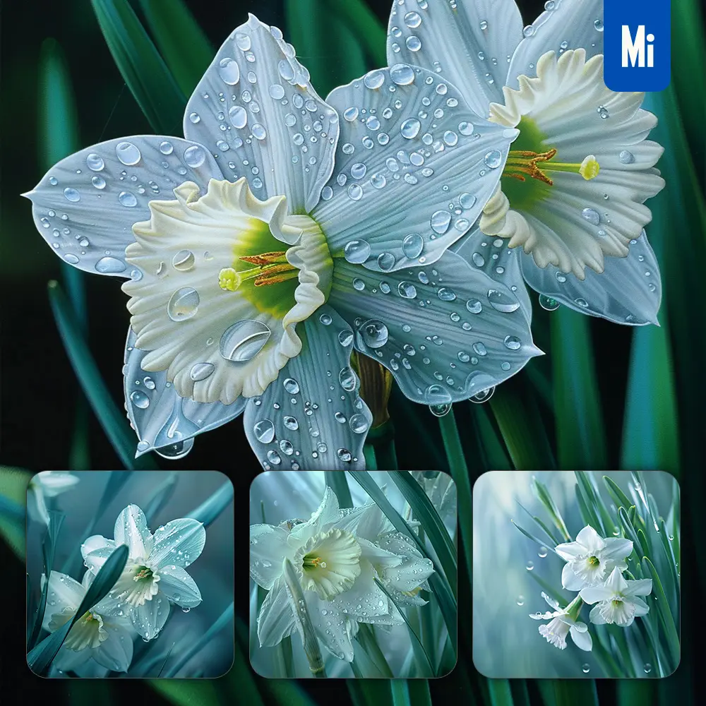 midjourney prompt daffodil white flower branch leaves leaf dewdrop drop