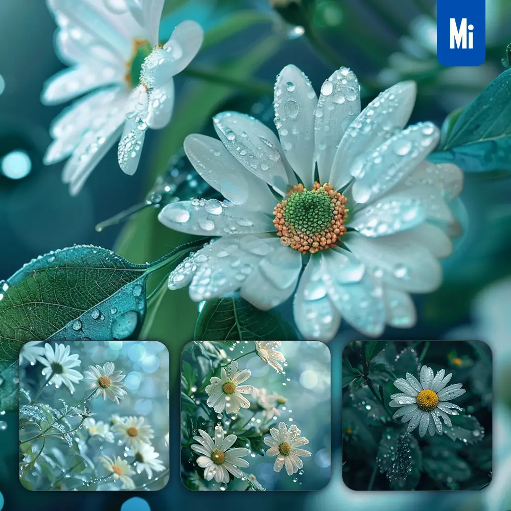 midjourney prompt daisy white flower branch leaves leaf dewdrop drop