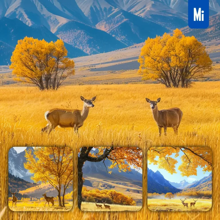 midjourney prompt deer mountain autumn fallen leaves grass scenery landscape photography
