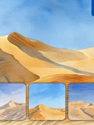 Midjourney Prompt Desert Sand Dune Blue Sky Watercolor Painting