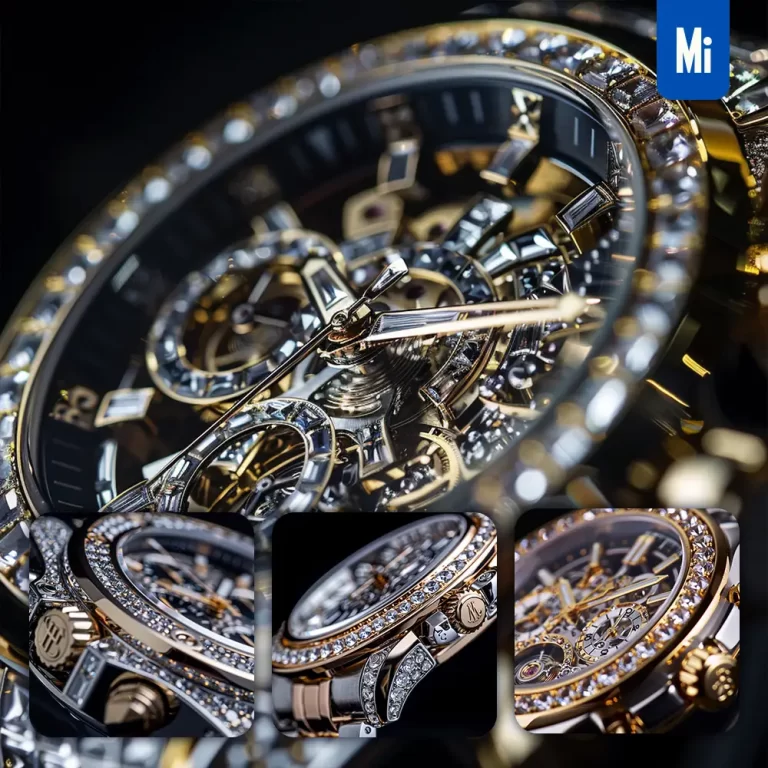 midjourney prompt detail mechanical watch closeup morden gold golden crystal diamond luxury photograph