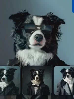 Midjourney Prompt Dog Border Collie Sunglasses Suit Coat Esquire Fashion Vogue Photography