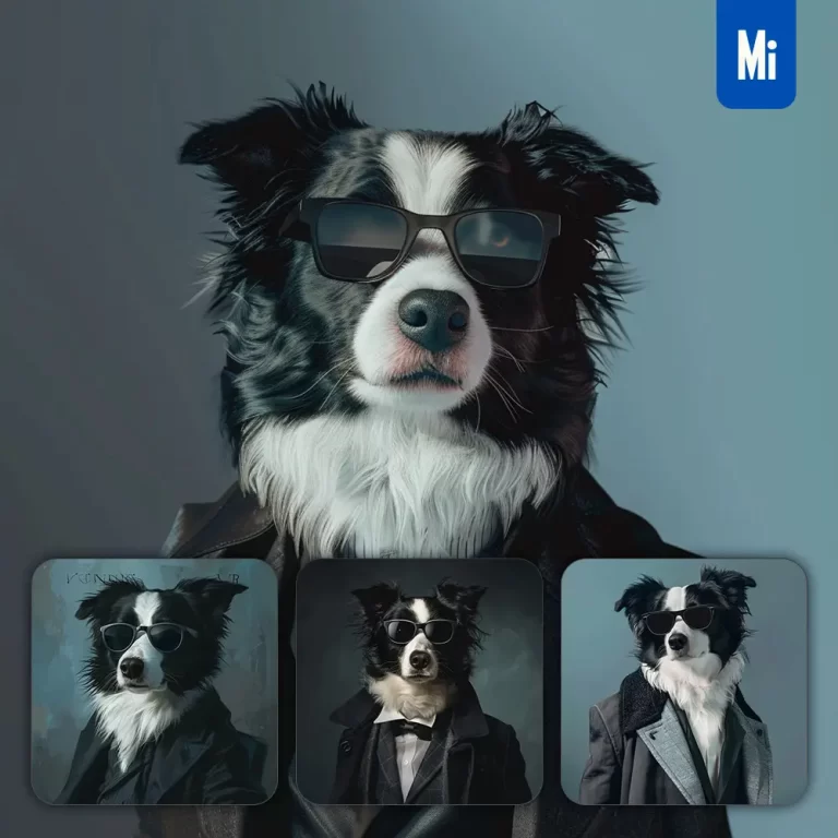 midjourney prompt dog Border Collie sunglasses suit coat esquire fashion vogue photography