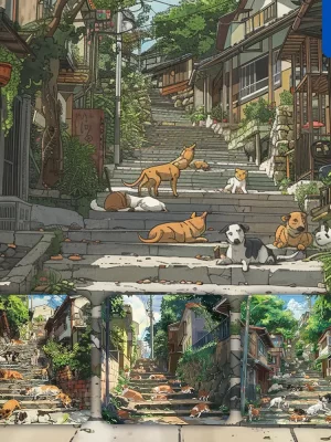 Midjourney Prompt Dog Dogly Step Street House Tree Anime Animation Cartoon Illustration