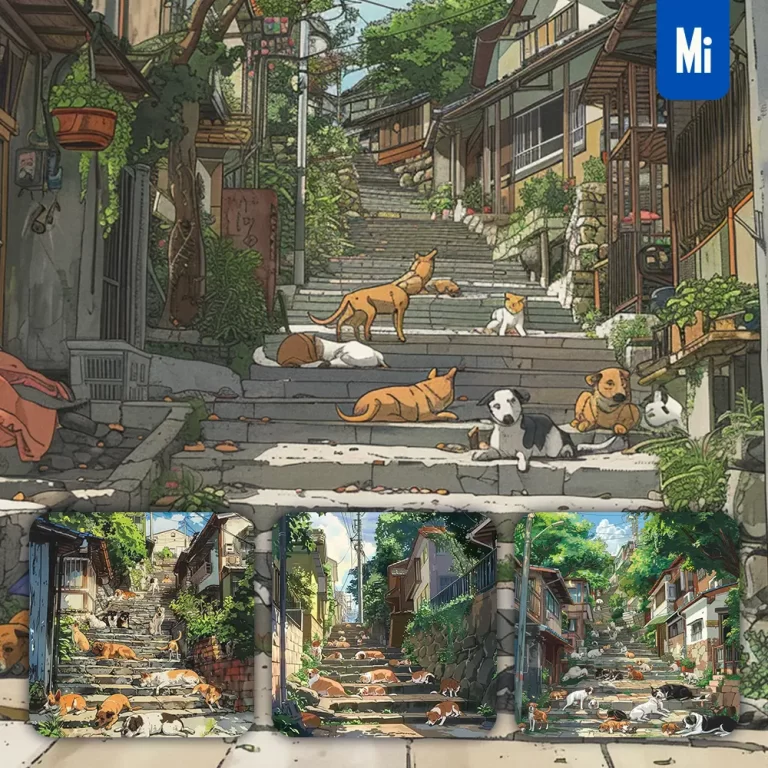 midjourney prompt dog dogly step street house tree anime animation cartoon illustration