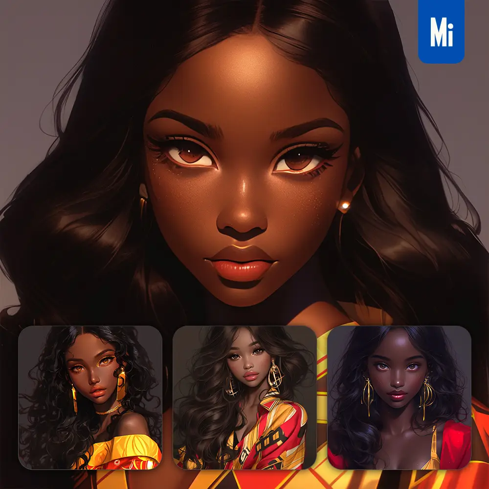 midjourney prompt dress African beautiful woman girl lady face portrait animation cartoon