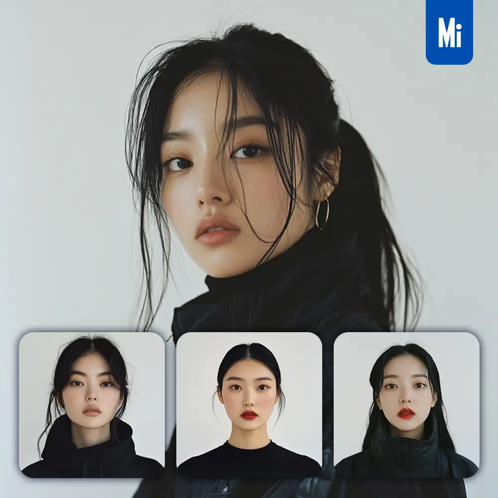 midjourney prompt face portrait black Asian girl Korean female model wear look standing photography
