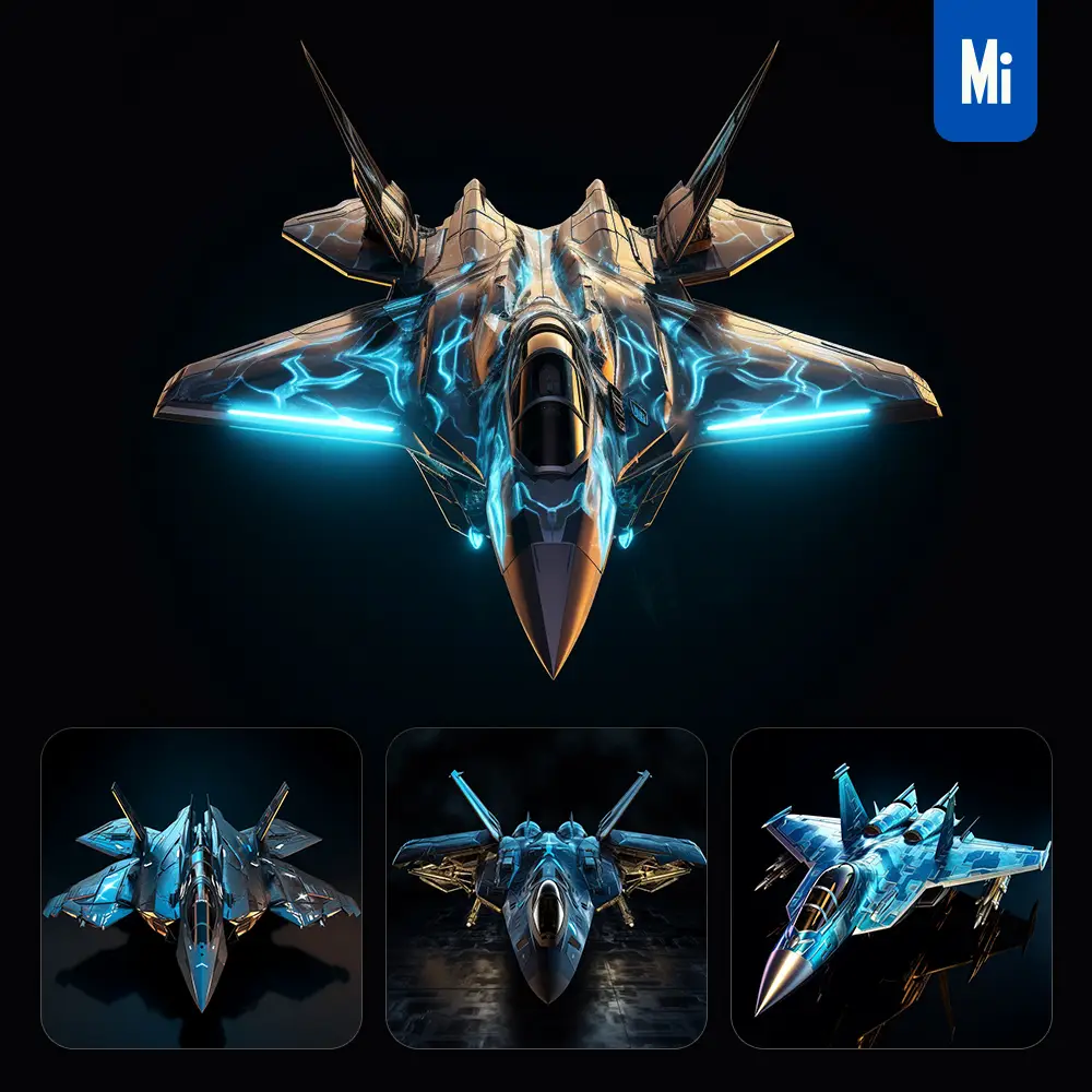 midjourney prompt fighter plane conceptual design azure product 3D transparent