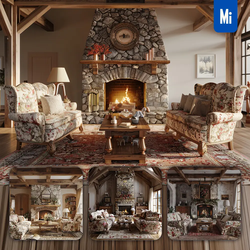 Midjourney Prompt Fireplace Living Room Wooden Cozy Photography