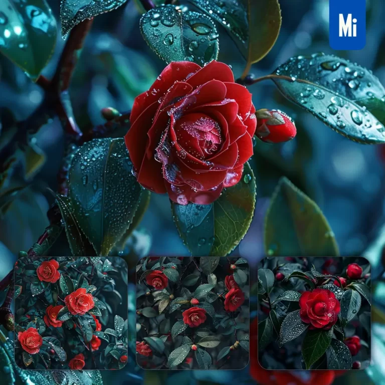 midjourney prompt flower camellia branch leaves leaf dewdrop drop photography