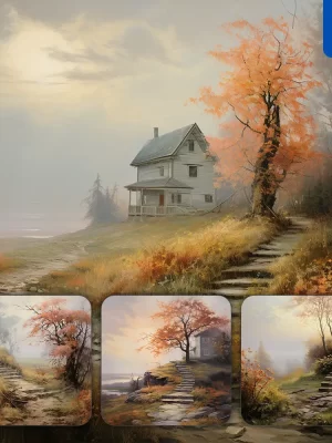 Midjourney Prompt Flower House Scene Autumn Stair Leaves Sunset Landscape Oil Painting