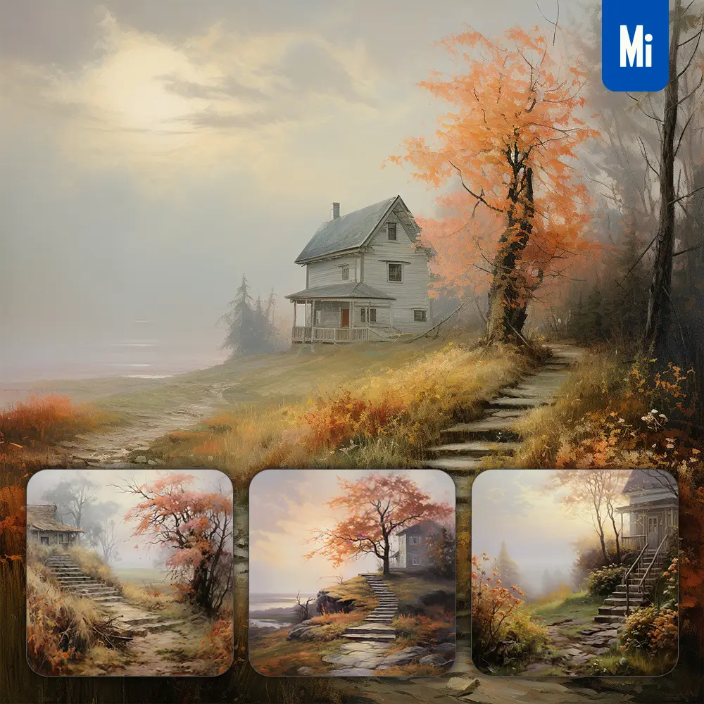 Midjourney Prompt Flower House Scene Autumn Stair Leaves Sunset Landscape Oil Painting