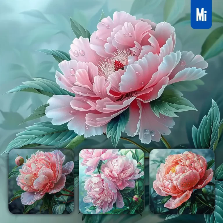 midjourney prompt flower peony branch leaves leaf dewdrop drop photography