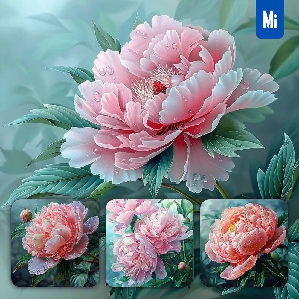 midjourney prompt flower peony branch leaves leaf dewdrop drop photography