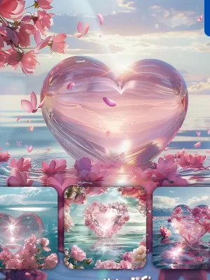 Midjourney Prompt Flower Pink Heart Lake Sea Water Crystal Glass 3d Cg