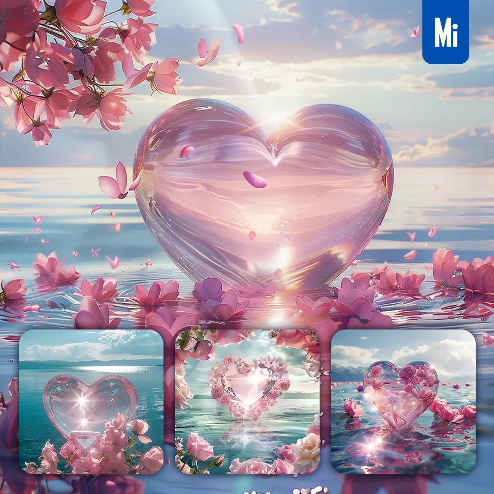 midjourney prompt flower pink heart lake sea water crystal glass 3D CG