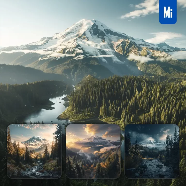 midjourney prompt forest glacier snow mountain Rainier landscape photography