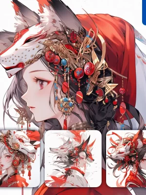 Midjourney Prompt Fox Demon Beautiful Woman Girl Lady Face Colorful Portrait Animation Cartoon