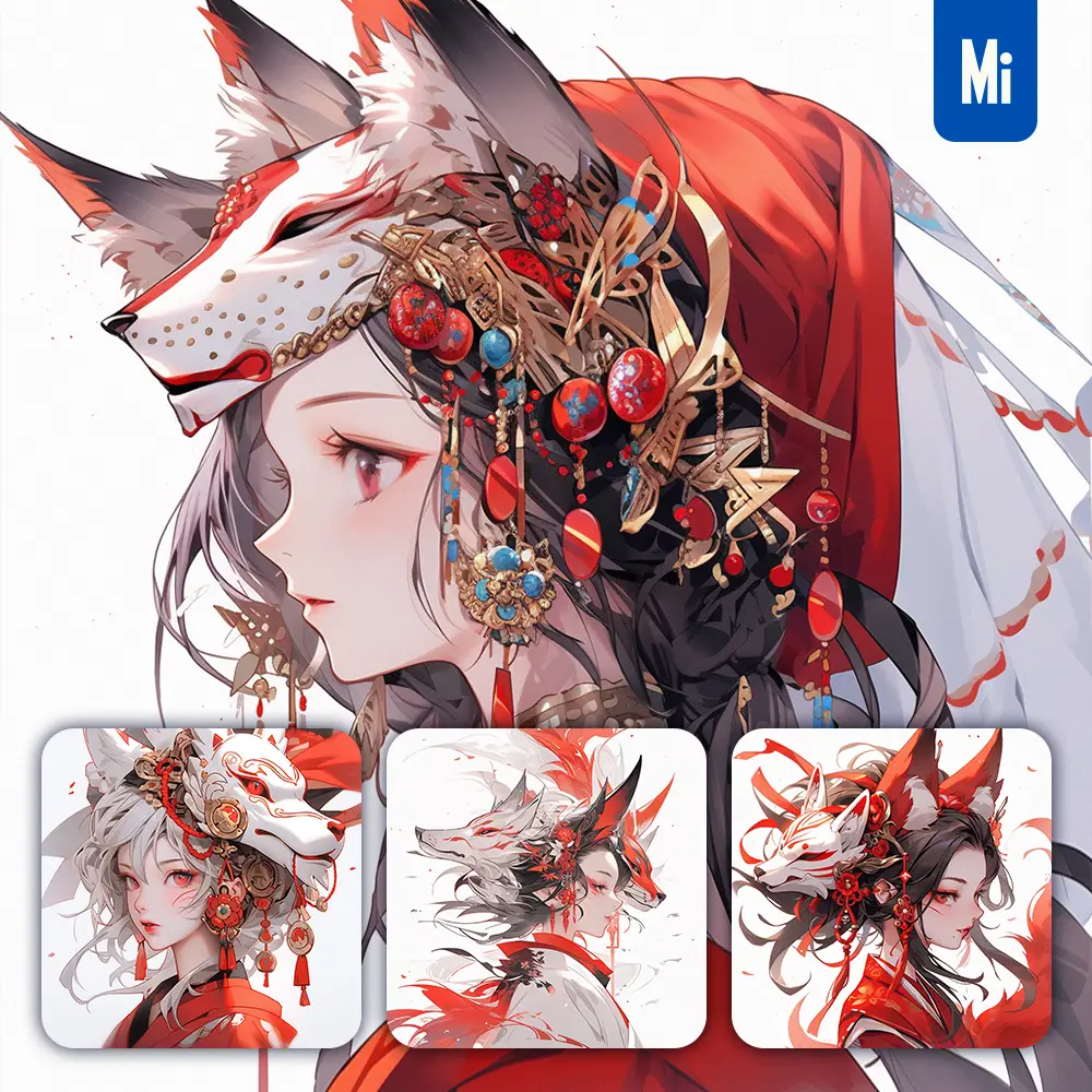 midjourney prompt fox demon beautiful woman girl lady face colorful portrait animation cartoon