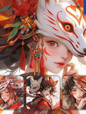 Midjourney Prompt Fox Demon Mask Japanese Beautiful Woman Girl Lady Face Colorful Portrait Animation Cartoon