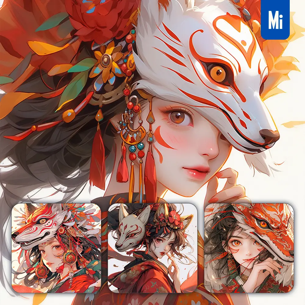 midjourney prompt fox demon mask Japanese beautiful woman girl lady face colorful portrait animation cartoon