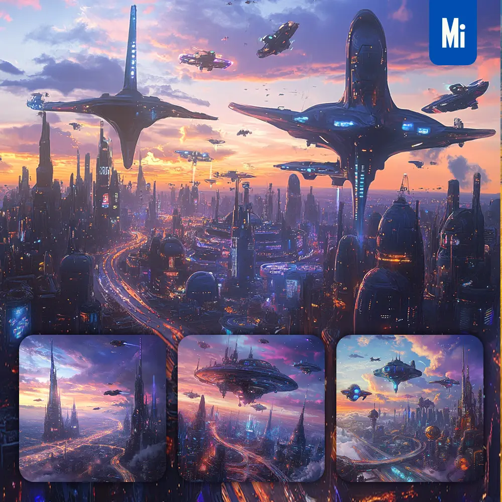 Midjourney Prompt Future Alien City Futuristic Building Sky Road Science Fiction Film Flying Machine