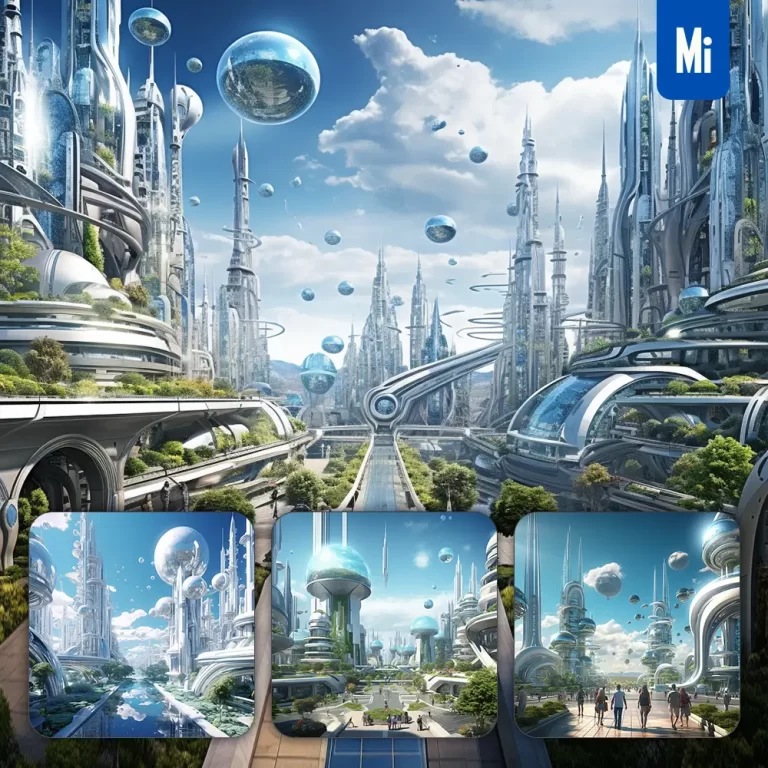 midjourney prompt futuristic future city people architecture building sky road